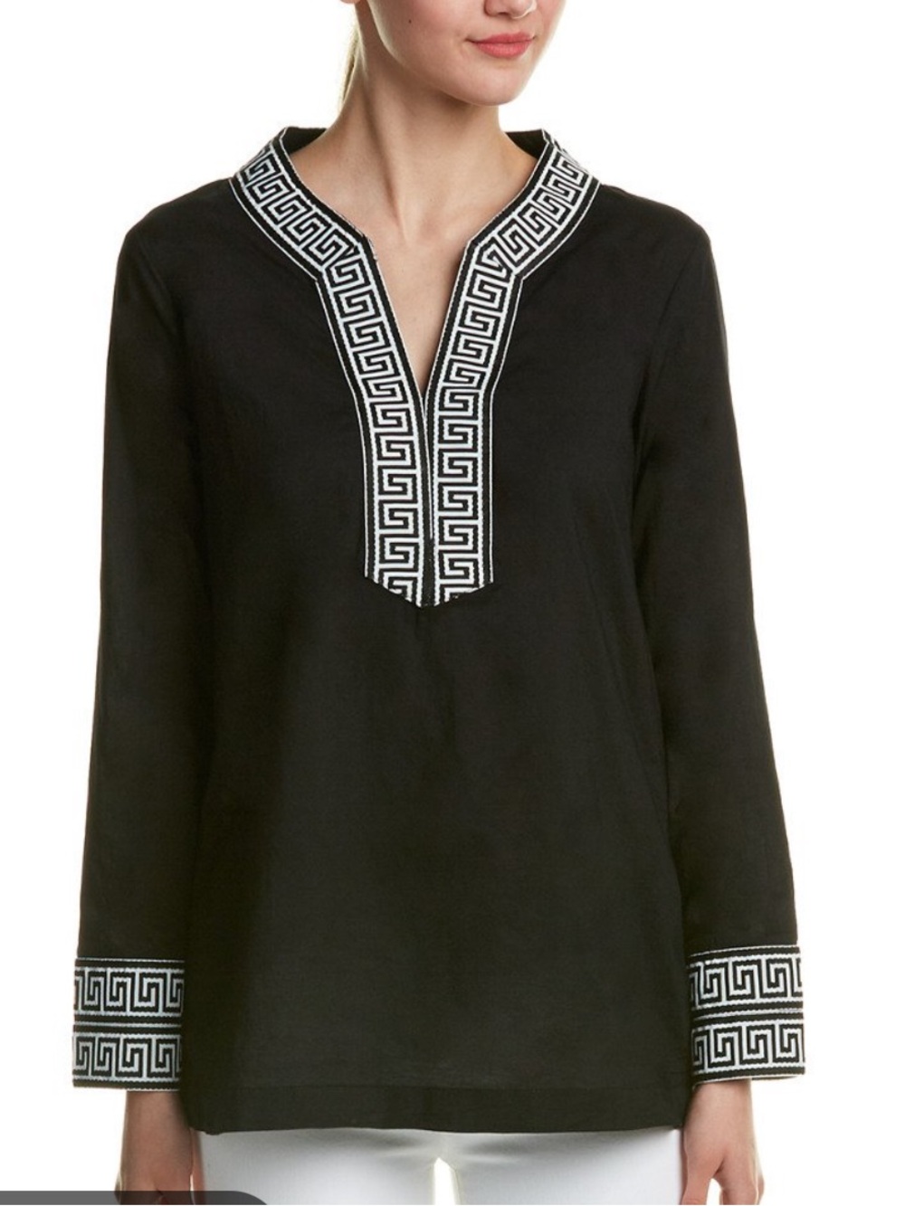 Macbeth Collection by Margaret Josephs Black Tunic with White Greek Key Trim